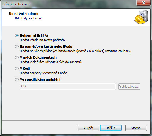Vyberte předpokládané umístění ztracených dat