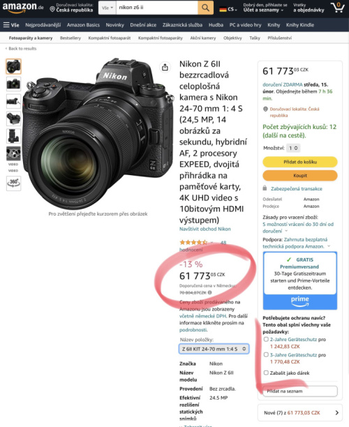 Srovnání cen NIkon Z6II 24-70 v Německu a Česku