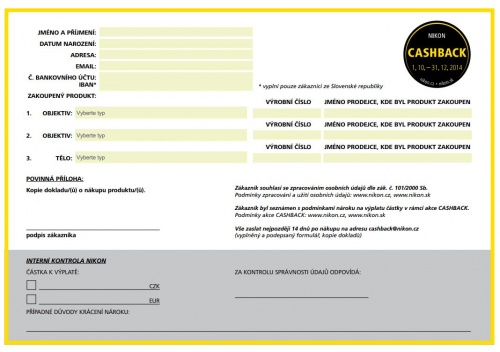 Formulář na cashback NIKON